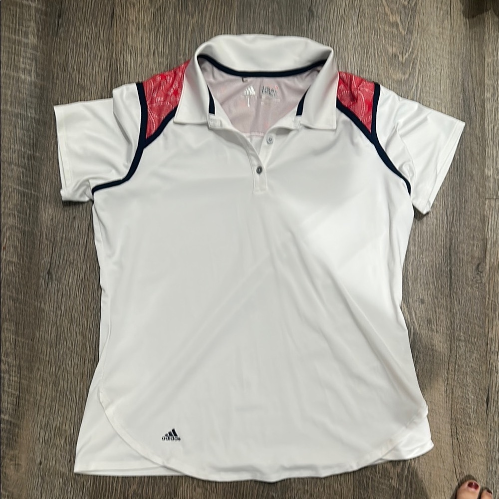 Adidas Women's White Polo Blouse with Red Accents